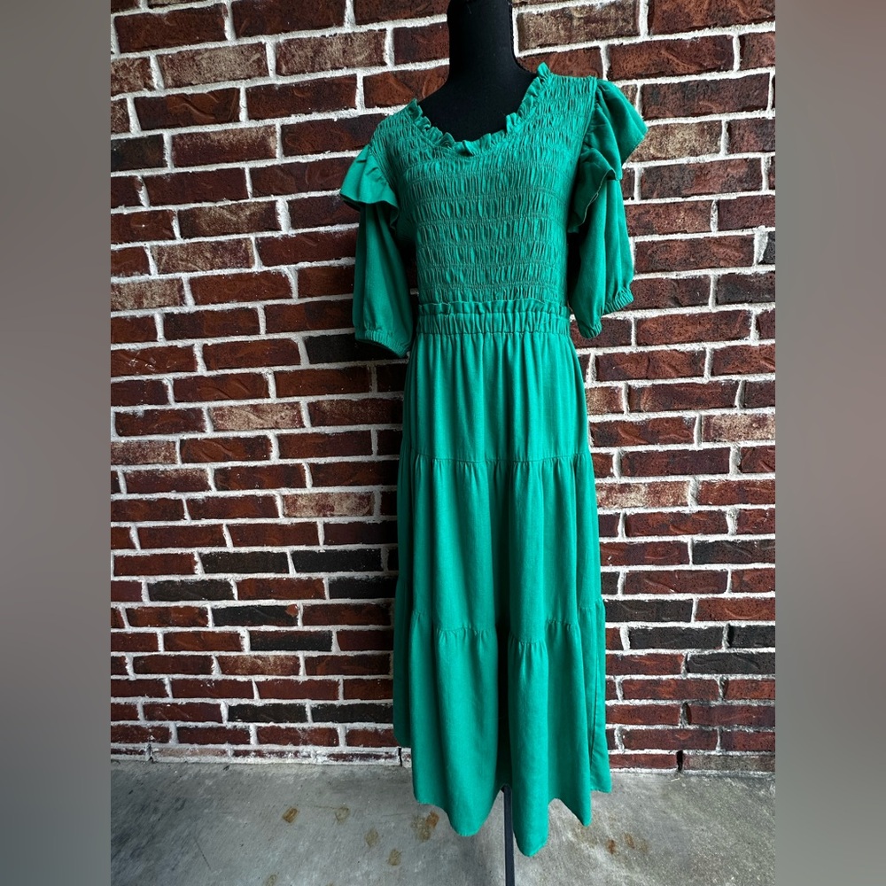 Umgee Emerald Green Smocked Maxi Dress with Ruffle Sleeves